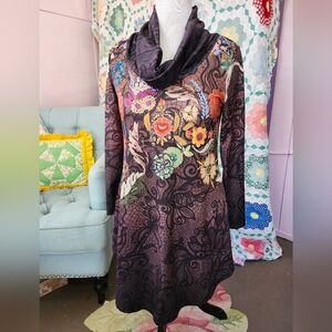Rockin Stylish Multicolor Floral Long Sleeve Dress With Cowl Collar